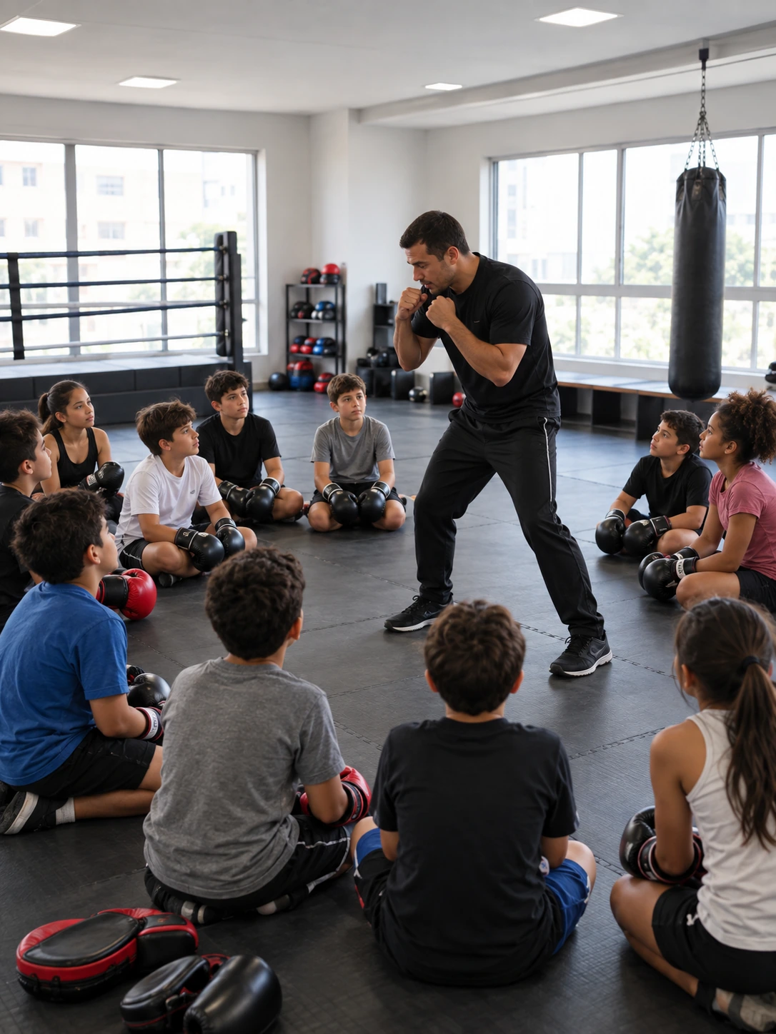 Aula de boxe no espaço multiuso do condomínio
