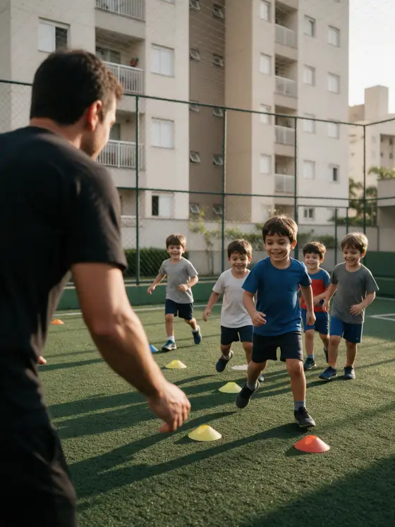Crianças em aula de futebol com professor na quadra do condomínio
