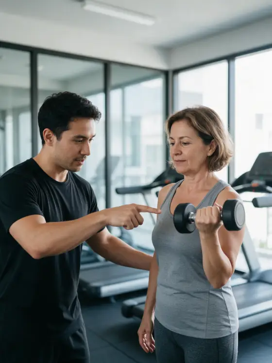 Personal trainer orientando moradora na academia do condomínio